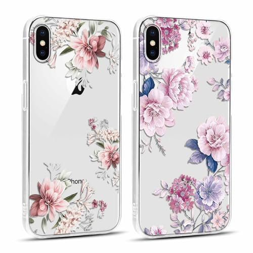 Yoedge 2 Stück Transparent Handyhülle für iPhone X/iPhone XS Hülle, Blumen Muster Mädchen Aesthetic Handyhülle, Ultra Weich Silikon Slim Klar TPU Stoßfest Durchsichtig Schutzhülle für iPhone XS 5,8
