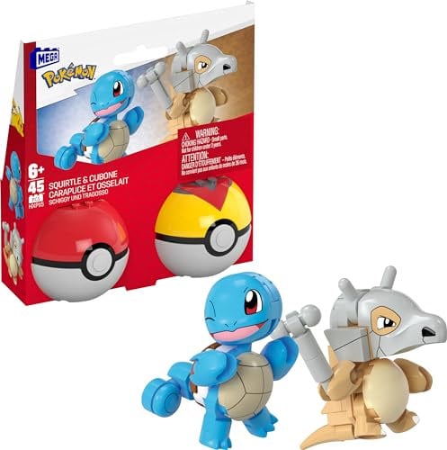 MEGA Pokémon Actionfigur Bauspielzeug-Set, Pokéball 2er-Pack, Schiggy und Tragosso mit 45 Teilen, für Kinder, HXP15
