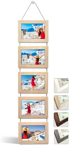 NEOWS Bilderrahmen Collage für Mehrere Bilder - Dekorative Bilderrahmenset zum Aufhängen an der Wand - Mehrfach Fotorahmen Hochformat mit Schnur für 10x15 Fotos (Eiche Natur, 5 Horizontale Fotos)