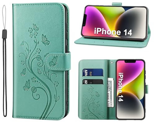 KRAFTCARE Handyhülle für iPhone 14 Hülle, für iPhone 14 Hülle mit Kartenfach Geld Slot Ständer Magnetic Closure, Flip Case Leder Schutzhülle Tasche Handyhülle für iPhone 14 Hülle, Grün