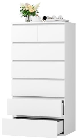 FOREHILL White Chest of Drawers Bedroom Tall Storage Cabinet with 7 Drawers Dresser Drawers Bedroom Storage Cupboard for Living Room Hallway Wooden 60x40x119cm