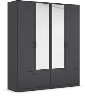 Rauch Möbel BARI, Kleiderschrank, Farbe Grau metallic, Breite 181 cm | Schrank, 4-türig, Spiegel, 2 Schubladen, für Schlafzimmer, Kinderzimmer, Babyzimmer, Homeoffice, Garderobe, Flur