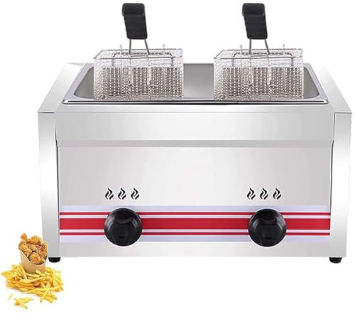 PixCy Friteuse Professionnelle,Machine Frites à Gaz,Friteuse Double Bac,Friteuse INOX,Cuve Amovible,pour Bâtonnets Pâte Frits/Huile,Friteuse Restaurant,20L