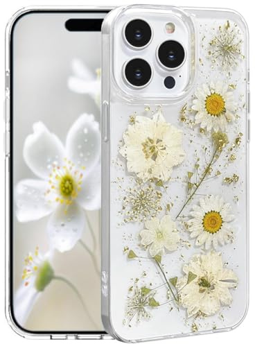 Abbery für iPhone 13 Pro Max Hülle Blumen Muster Durchsichtig Mit Getrocknete Blumen Motiv Glitzer Silikon Frauen Mädchen Stoßfeste Anti-Kratzer Handyhülle Cover für iPhone 13 Pro Max(Weiß)
