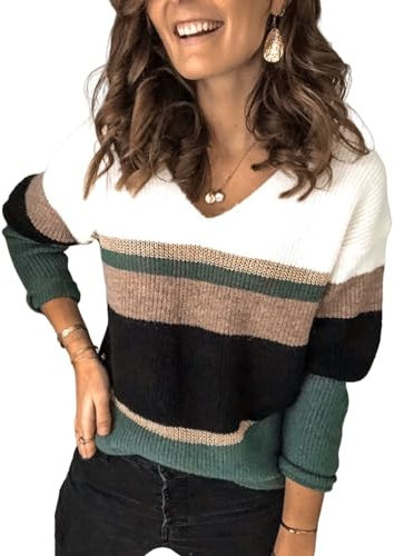 HEYPORK Damen Herbst Winter Warm Bequem Pullover Casual Mode Strickjacke Strickpullover Frauen Mode Pullover Patchwork V-Ausschnitt Strickpullover(Grün, XL)