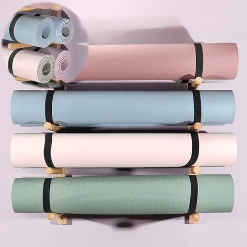 EXCLURA Yogamattenhalter Hölzerner Yogamattenständer für 8 Matten, Stilvoller Yogamatten-Organizer, Yogastudio-Dekor, Vielseitiger 4-lagiger Yogamattenhalter, Wandhalterung