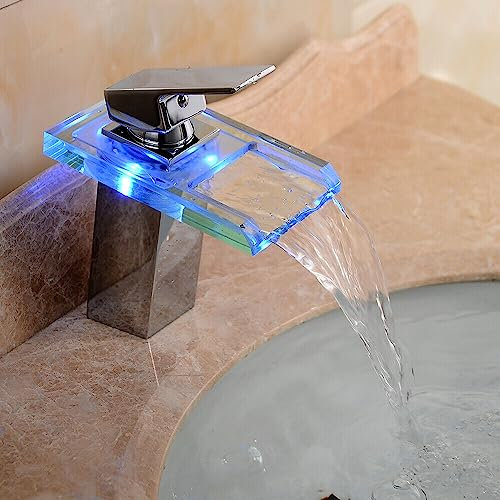 Loobiiny LED Lichter Wasserhahn Beleuchteter Wasserhahn Farbtemperatur Beleuchtet Glas Bassin Hahn Wasserfall Wasserhahn Bad Armatur Mischbatterie