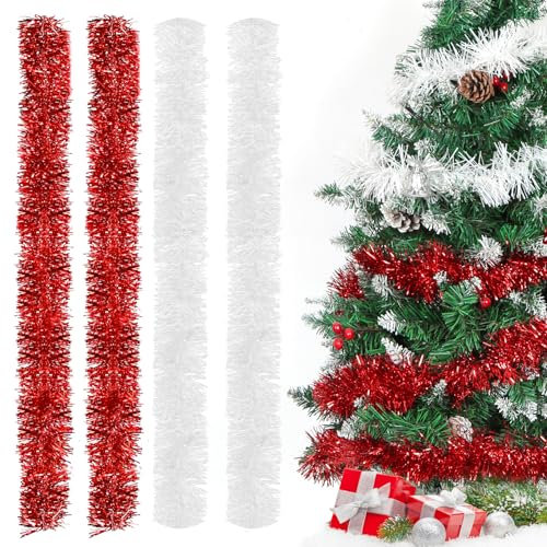 Weihnachtsgirlanden Rot Weiß, 4pcs Lametta Girlande, 2m Lametta Weihnachtsbaum Rot Weiss, Lametta Girlande Weihnachten, Weihnachtsdeko Lametta für Weihnachtsbaum, Geburtstagsparty Deko
