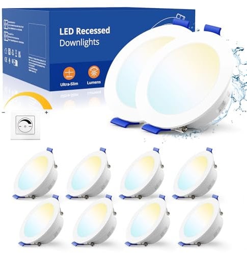 Schiele LED Einbaustrahler 230V Dimmbar, 10 Set Spots 6W, Einbauleuchten 700lm Deckenspots Flach 68mm Warmweiß Neutralweiß Kaltweiß, IP65 für Badezimmer Wohnzimmer