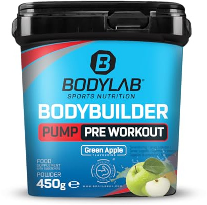 Bodylab24 Bodybuilder Pump Pre Workout Grüner Apfel 450g, mit L-Citrullin, L-Arginin, Vitaminen, Mineralstoffen, Glycerin, Dextrin und verschiedenen Pflanzenextrakten, lecker und fruchtig im Geschmack