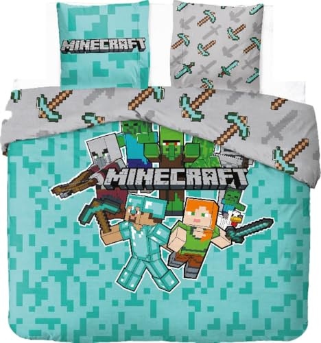 arlis Parure de Lit Minecraft 2 Personnes, Housse de Couette Réversible 240x220 cm, 2 Taies d'oreiller 65x65 cm, 100% Coton (Parure de lit Minecraft 2 Personnes, 240 X 220 Cm)