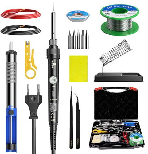 Gixen Set di saldatori 60W Kit di saldatori con supporto, spugna regolabile in temperatura 220-480°C e interruttore ON/OFF del filo di saldatura - Set di stazioni saldanti professionali per riparazion