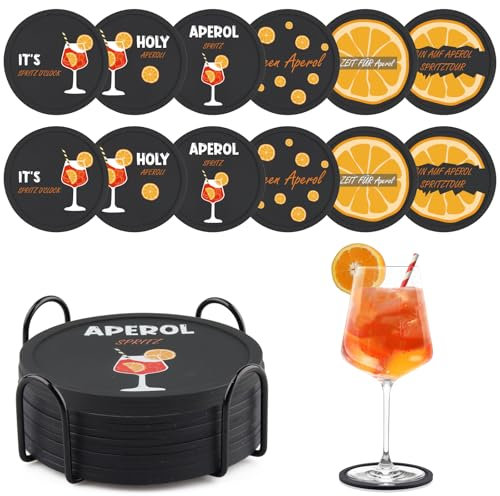 12 Stück Aperol Untersetzer aus Silikon, Aperol Spritz Geschenk für Aperolliebhaber, Silikon Untersetzer für Gläser rutschfest mit Halter, Aperol Spritz Accessoires für Party, Bar, Garten (12)