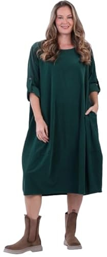 Plus Size Plain Cotton Corduroy Midi Dress Bottle Green One Size (UK Fit 12-18)