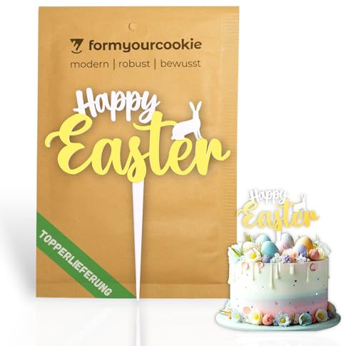 2-farbiger Happy Easter Cake Topper mit 3D-Effekt und angespitztem Stiel für Torten und Kuchen zu Ostern im Frühling (gelb/weiß)