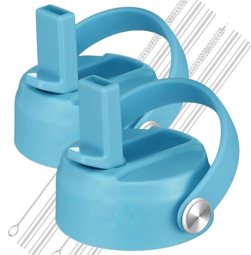 LLCJYYCY Lids with Straw for Hydroflask Wide Mouth 20 32 40 oz, Flex Straw Lid Fit for Hydro Flask Sports Water Bottles, Flexible Handle Replacement Lid Straws Cap Top Accessories (2 PCS Light Blue)