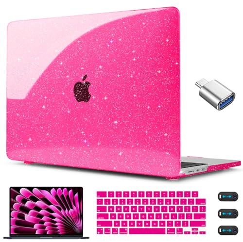 CISSOOK Kompatibel mit MacBook Air 15 Zoll Hülle 2025 2024 2023 Modell A3241 A3114 A2941, glitzerndes Hartschalengehäuse, Tastatur-Schutz-Set für MacBook Air 15 Zoll M4 M3 M2 Glitzer Rose Pink