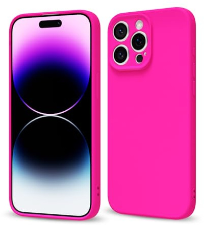 Svaove for iPhone 14 Pro Max Phone Case Liquid Silicone, Thin Ultra Slim Minimalist Phone Cover, Girly Cute Plain Bright Solid Color Matte Soft Rubber Jelly Gel Plastic TPU Bumper, Neon Hot Pink