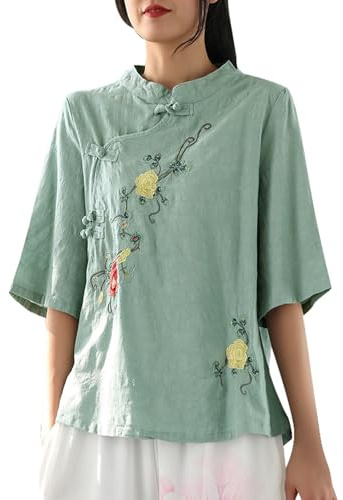 Chemise en lin à col montant chinois pour femme - Grande taille - Bleu clair