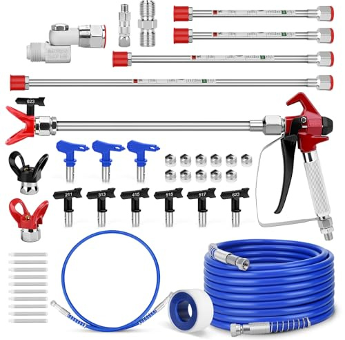 32 Piezas Kit de Pistola de Pintura sin Aire, con Pistola de Pintura de 3600 PSI, Tubo de Alta presión, boquillas de pulverización Reversibles, Varilla de extensión, Filtro, Asiento de Boquilla, etc.