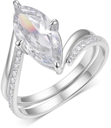 Stfery Bague Femme Or Blanc 14 carats, Ensemble de Anneaux Incrusté de Moissanite Marquise, Bague Empilable en Or 585 Taille 58