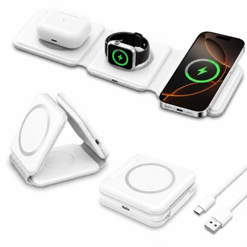 3 in 1 Wireless Charging Station for Apple Devices Foldable Travel Fast | Foldable Fast Charging Station Magnetic Wireless Charging Dock for iPhone 17/16/15/14/13/12 Apple Watch AirPods Cable 1M