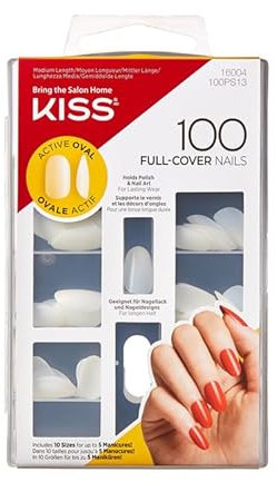 Kiss Gellack 100 Volldecknägel, künstliche Nägel, 100 Stück, falsche Nägel, transparent, Oval