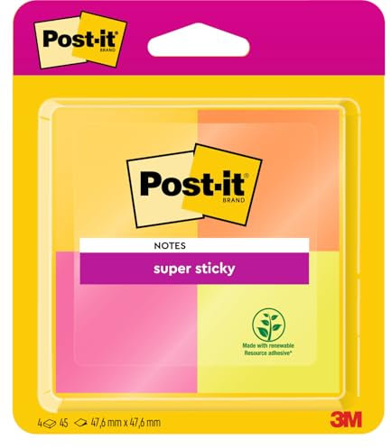 Post-it Super Sticky Notes, Assorted Colours, 4 Pads, 47.6 mm x 47.6 mm, 45 Sheets per Pad, Green, Orange, Pink, Yellow - Extra Sticky Notes for Walls, Monitors and Fridge