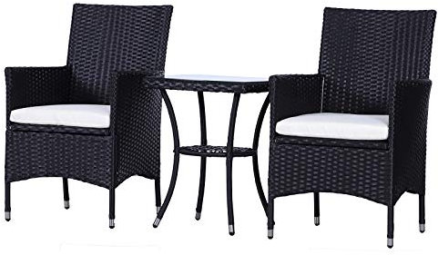 Outsunny 3 Pieces Rattan Bistro Set, Wicker Garden Furniture Set with 2-Tier Coffee Table and Chairs, Cushions, for Outdoor Patio Balcony, Black