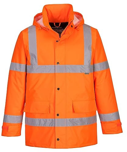 Portwest S460 Men's Winter Traffic Jacket Hi Vis Hooded Work Coat Reflective Fully Lined Zip Safety Utility Waterproof Reflective Workwear Orange, 3X-Large
