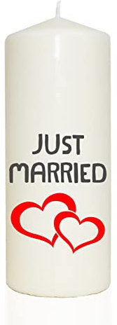 WB wohn trends Spruchkerze, JUST Married mit Zwei Herzen, grau/rot, 20cm, 765g d8cm, Kerze mit Spruch, Brenndauer ca 70 Std