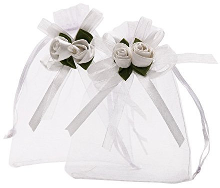SumDirect 50 sacchetti in organza trasparente, 10 x 12 cm, rosa bianca, con coulisse, sacchetti per caramelle, gioielli, bomboniere, sacchetti regalo per Natale, baby shower