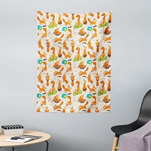 ABAKUHAUS Yoga Wandteppich, Flexing und Stretching Fuchs Kleine Cartoon-Tiere Gepunkteter Hintergrund, aus Weiches Mikrofaser Stoff Wand Dekoration Für Schlafzimmer, 110 x 150 cm, Multicolor