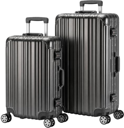 Travelhouse London Aluminium-Rahmen Koffer-Set Grau | Polycarbonat-Hartschale, Ohne Reißverschluss, TSA-Schloss, 4x 360° Doppel-Rollen, S+M