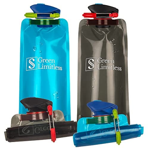 Collapsible Foldable Water Bottle Set of 4, Green Limitless Flexible Reusable BPA Free Water Bottles with Label Strip. Idea for Hiking Adventures Traveling Outdoor Sports