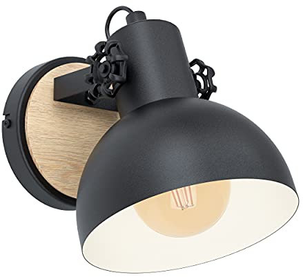 EGLO Wandlampe Lubenham, 1 flammige Vintage Wandleuchte im Industrial Design, Retro Wandspot aus Stahl und Holz, Farbe: Schwarz, braun, Fassung: E27