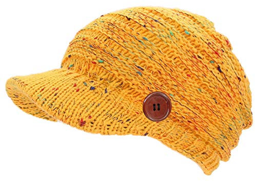 dy_mode Schirmmütze Damen Strickmütze Mütze mit Holzknopf - A080 (A317-Gelb)