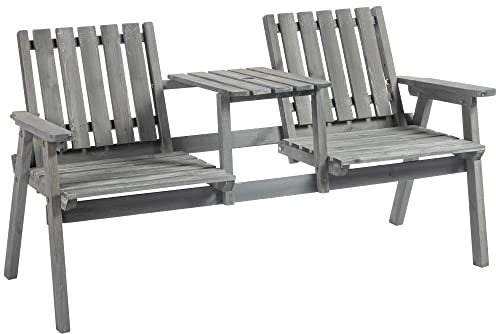 Outsunny Gartenbank mit Tisch, Sitzgruppe, Gartenmöbel, mit Regenschirmloch, Sitzbank, 2 Stühle, Massivholz, Grau, 152 x 70 x 83 cm