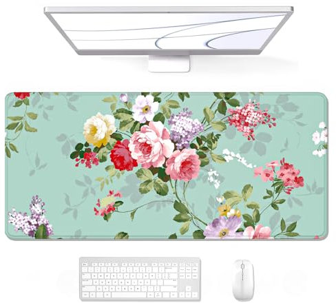 Auhoahsil Großes Mauspad, voller Schreibtisch, XXL, erweitertes Gaming-Mauspad, 88.9 x 38.1 cm, wasserdichte Schreibtischunterlage mit genähtem Rand, Mousepad für Büro und Zuhause, Blumen-Design
