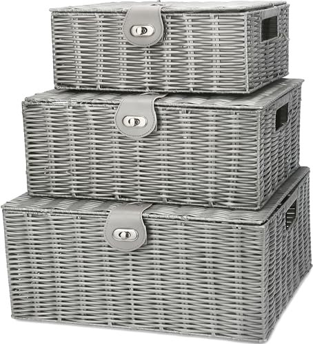 Honygebia Gewebter Korb mit Deckel – Grauer Weidenkörbe zum Organisieren – Set mit 3 dekorativen Aufbewahrungswürfeln für Decken, Schrank, Windel, DVD-Spielzeug, Badezimmer, Wäsche