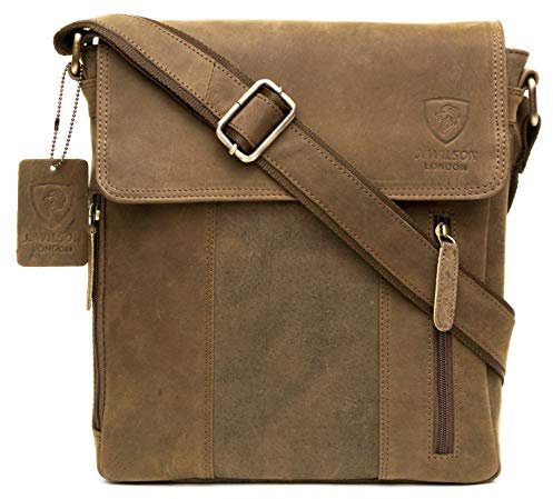 J. Wilson London 100% Pure Genuine Real Vintage Hunter Leather Handmade Mens Women Leather Flapover Everyday Crossover Shoulder Work iPad Messenger Bag (Rustic Tan)