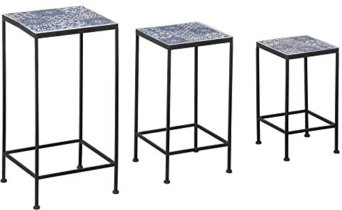 Outsunny Support Pots de Fleurs 3 pièces - Lot de 3 étagères à Fleurs - Portes Plantes empilables - métal époxy Plateaux Carreaux céramique Bleu