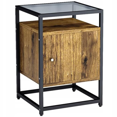 BAKAJI Meuble de table de chevet plateau en verre table basse canapé en métal et bois MDF 2 étagères intérieures fermeture à porte mobile ameublement maison bureau design moderne industriel 60 x 40 cm