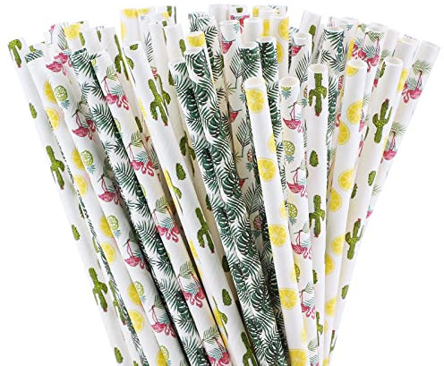 200 Pieces Hawaiian Paper Straws Biodegradbable Recyclable Drinking Straws Summer Luau Party Flamingo Cactus Pattern Juice Cocktail Straws for Birthday Wedding Aloha Party Supplies