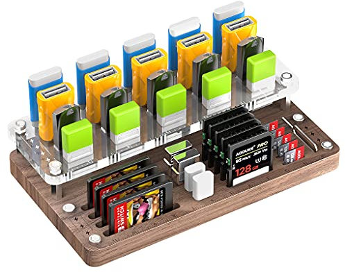 FEIFANZHE 40 Slots Wooden Memory Card Case for TF/CF/Nintendo Switch, USB Flash Drive/SD Card Holder Desk With Removal Pin - Protection Box-03MY