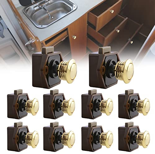 10 Stück Push Button Catch Door Lock Verriegelung,Metall Push Button Drehknopf Schloß für Wohnmobil Caravan Van Yacht Drawer Cabinet Door (Braun)