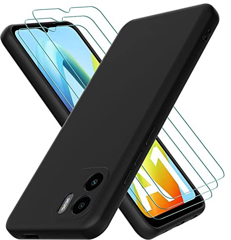 Coque Xiaomi Redmi A2 / Redmi A1, avec 3 Verre trempé Protection écran, Couche Intérieure Douce, Mince Souple Silicone Étui Protection Antichoc Bumper Housse TPU Téléphone Case Cover, Noir
