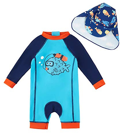 upandfast Maillot de Bain pour bébé Maillot de Bain Une pièce à Manches Longues Protection Solaire UPF 50+ avec Fermetures éclair (Poisson Bleu, 12-18 Mois)