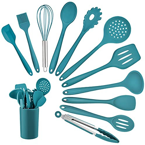 Homikit Küchenhelfer Set, 12-teilig Silikon Kochutensilien Kochgeschirr Set, Hitzebeständiger Kochbesteck mit Utensilienhalter, Gesund & Antihaft, Spülmaschinengeeignet, Blau