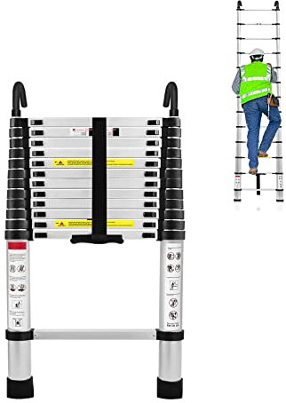 Froadp 3.8m Teleskopleiter Leiter Ausziehbar Aluminium Mehrzweckleiter Ausziehleiter mit 2 Abnehmbarem Haken Klappleiter Stehleiter Rutschfester Aluleiter fΓΌr Dachboden Baujob Belastbarkeit 150KG